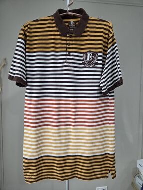 Evolution In Design  Brown & Yellow Striped Polo Shirt Sz.2XL